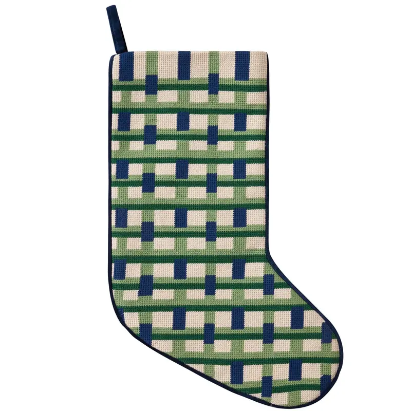 Modern Blue Plaid Embroidered Christmas Stocking 1