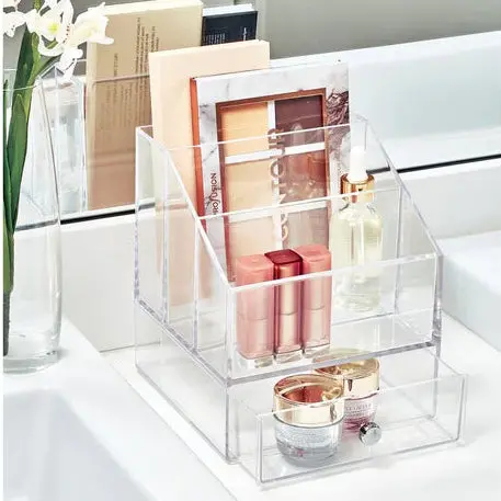 Multi-Compartment Clear Cosmetic Organizer With Slide-Out Drawer 1