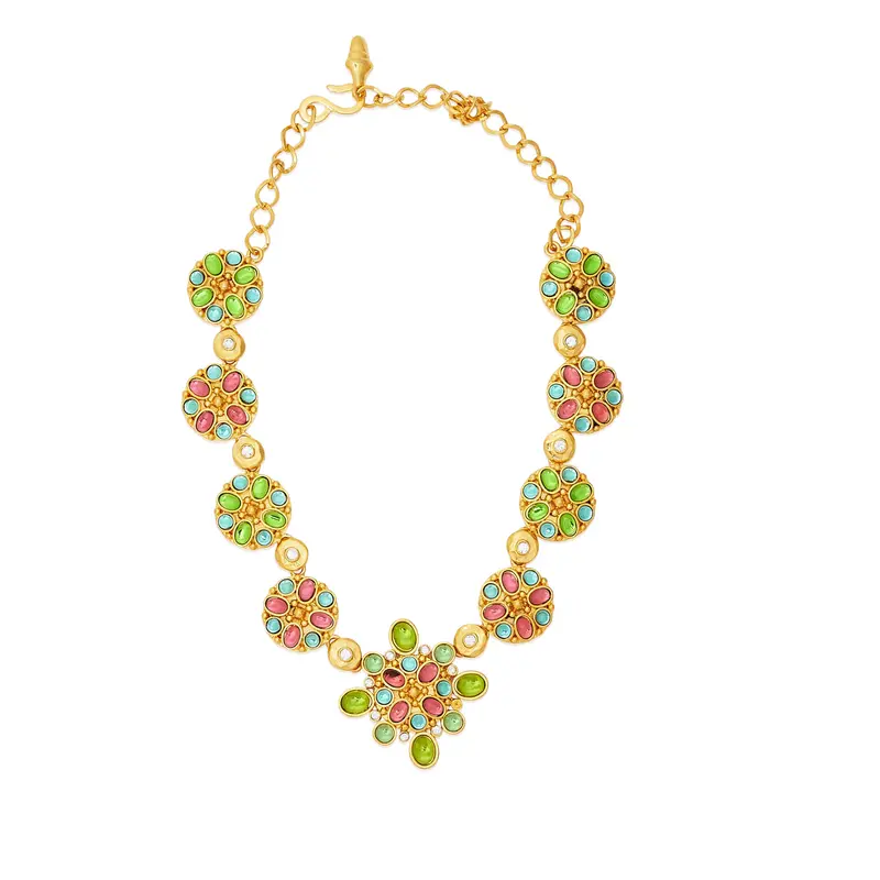 Multicolored Gemstone Cabochon Necklace On Gold Chain 1