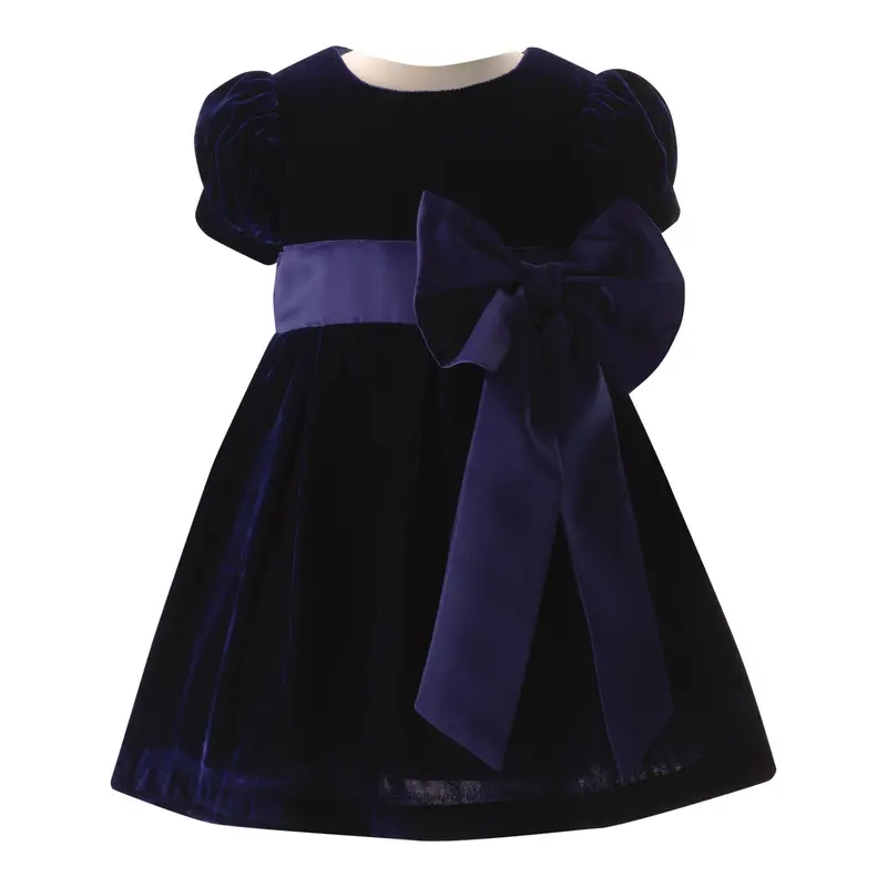 Navy Crushed Velvet Bow Dress For Baby Girls 1