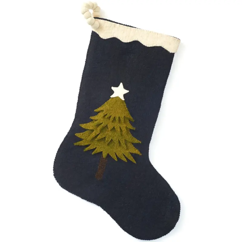 Navy Wool Christmas Stocking With Hand-Felted Tree Design 1