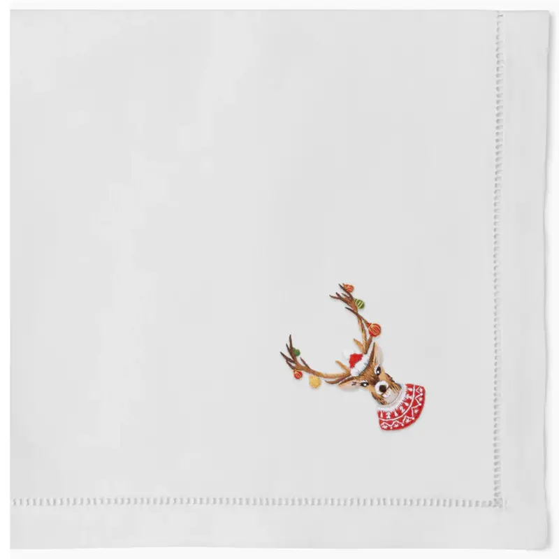Ornament Antler–Print White Cotton Dinner Napkins 1