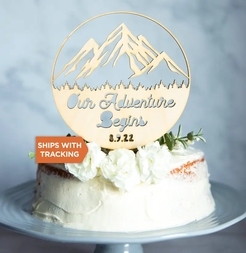 Our Adventure Begins Wedding Topper – Travel-Inspired Wood Or Acrylic Rustic Design 1