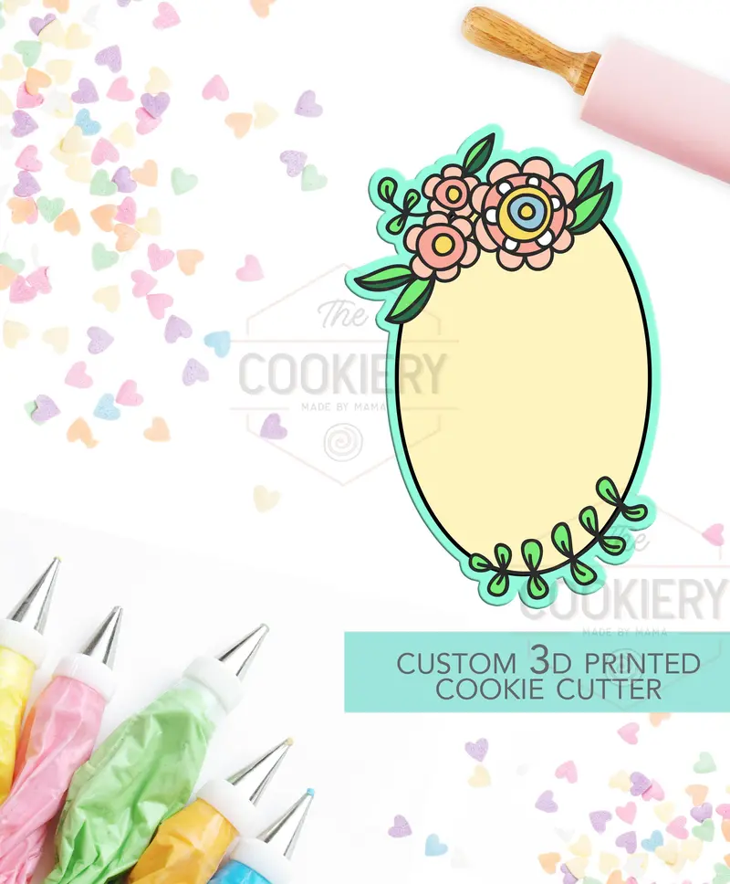 Oval Wedding Floral Plaque Cookie Cutter – Elegant Bridal Baking Template 1