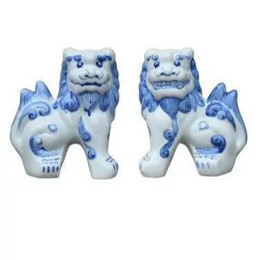 Pair Of Blue-And-White Foo Dog Figurines – Traditional Porcelain Sculptures 1