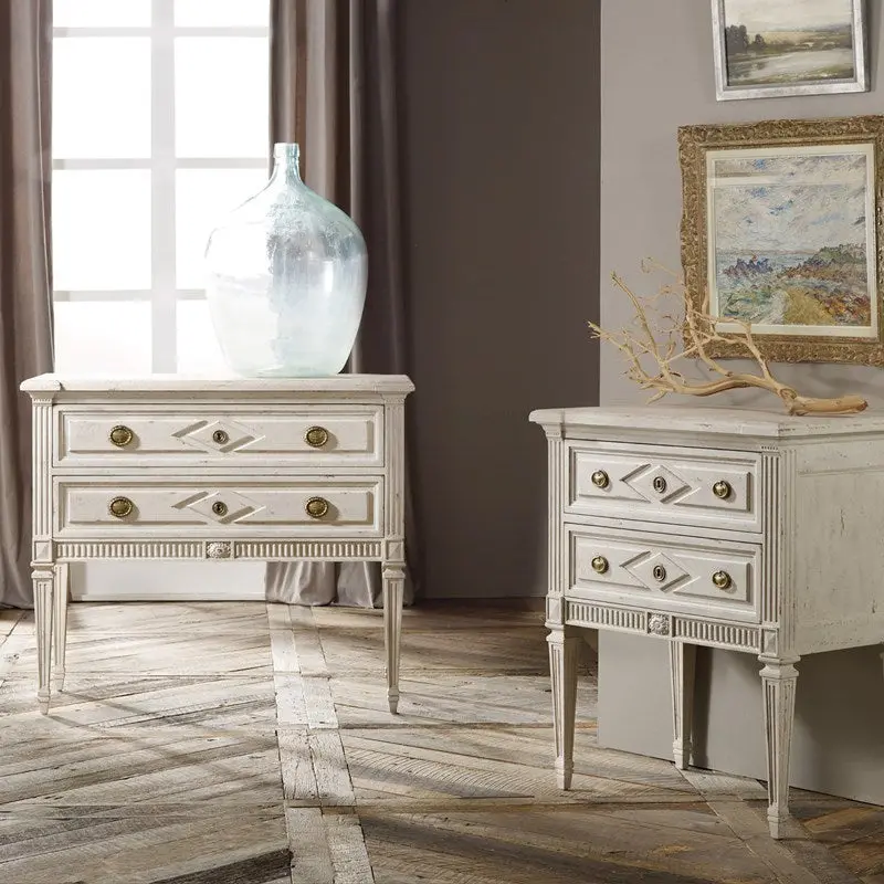 Paris-Inspired Bedside Chest With Distressed Painted Finish And Vintage Brass Hardware 1
