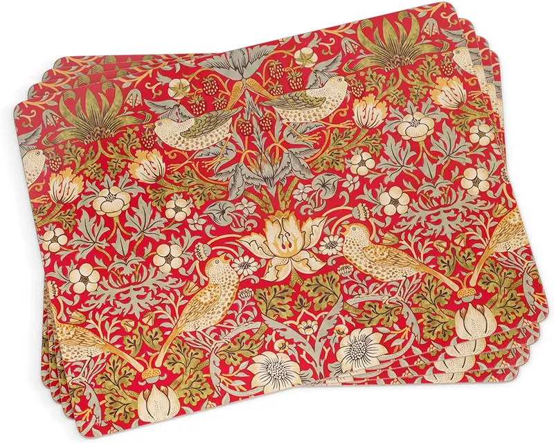 Pimpernel Red Strawberry Thief Morris & Co Placemats – Cork-Backed, Set Of 4 1