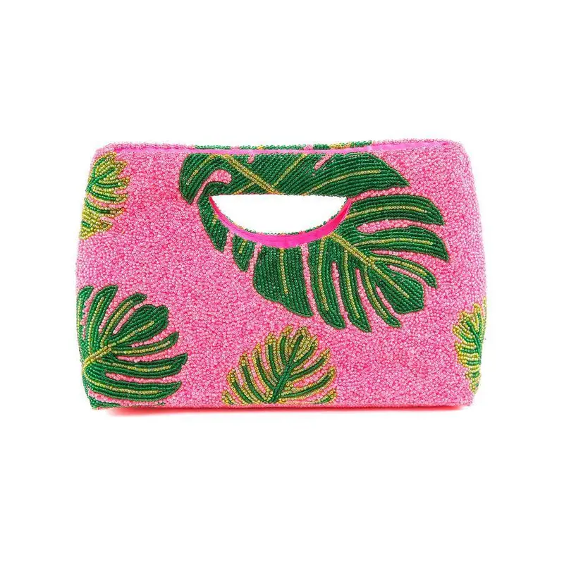 Pink-And-Green Palm Leaf Beaded Handbag With Gusset 1