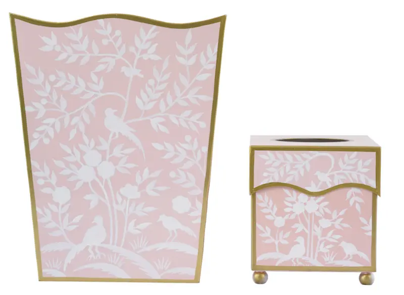 Pink Bird-And-Vine Tissue Holder And Wastebasket Set 1