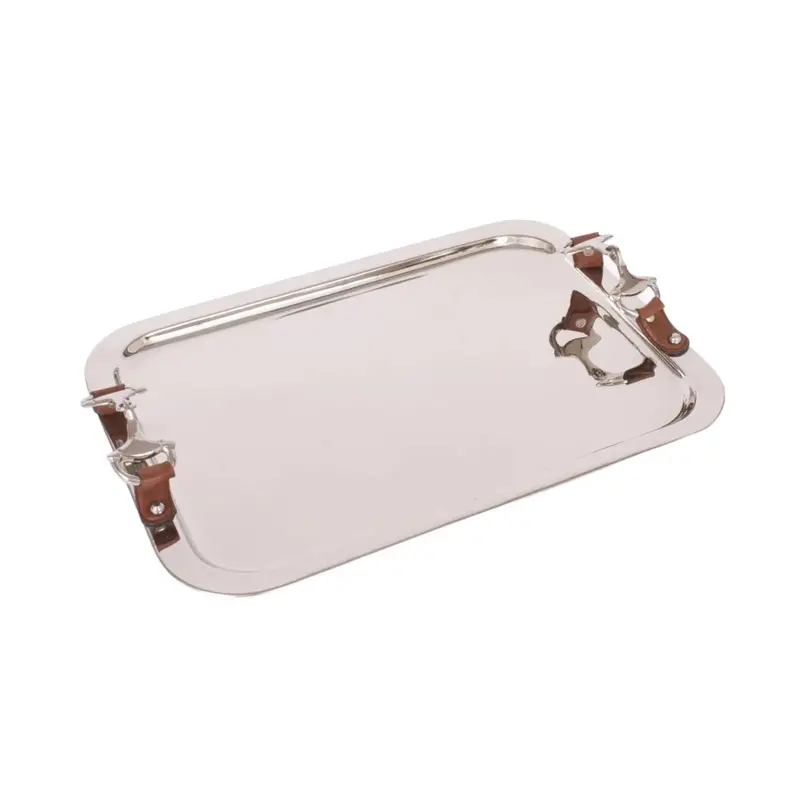 Polished Metal Serving Tray Featuring Leather Handles 1