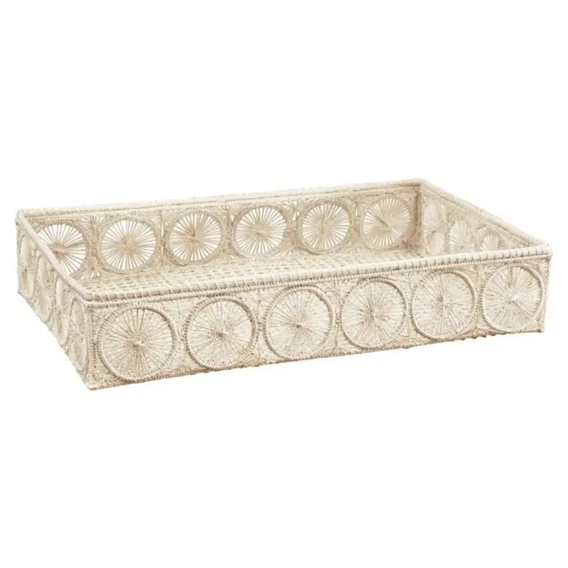 Rectangular Wicker Tray Featuring Subtle Circle-Border Design 1
