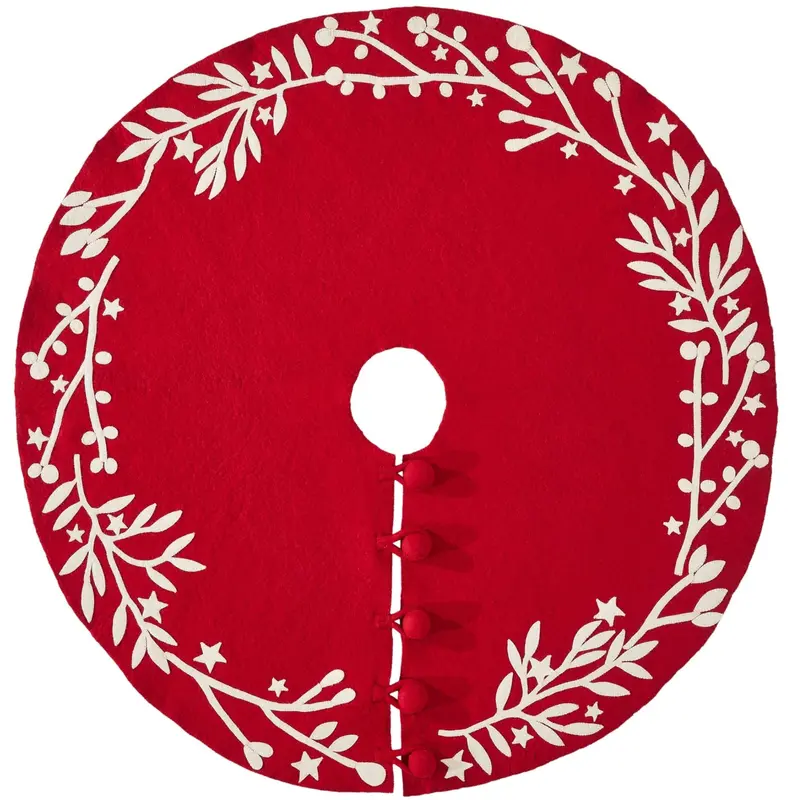 Red Felt Tree Skirt With Branches & Stars – Handmade Holiday Floor Accent 1