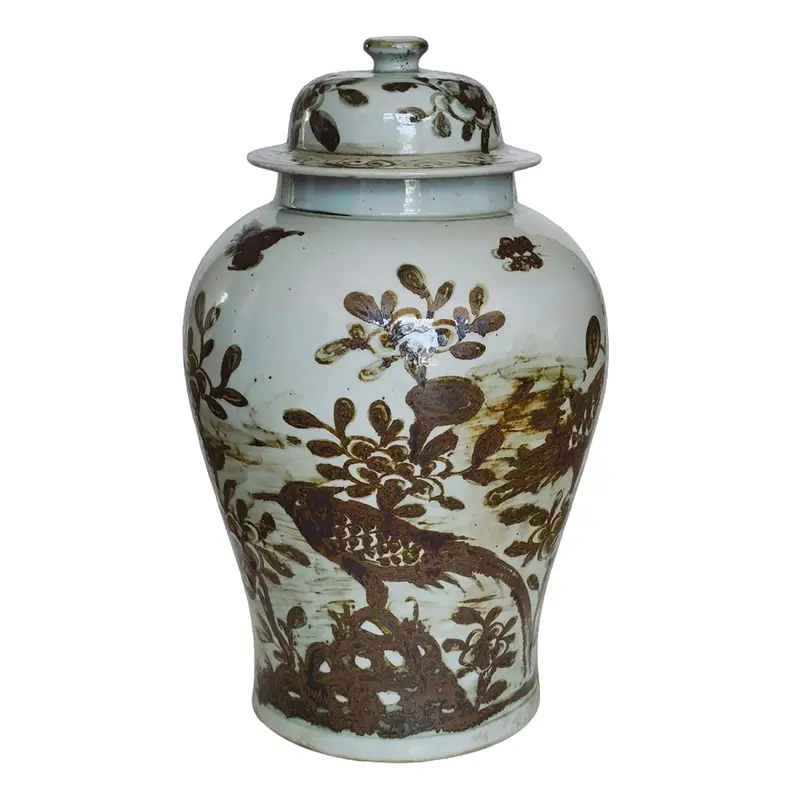 Rustic Brown Dali-Inspired Porcelain Temple Jar With Birds And Blooms 1