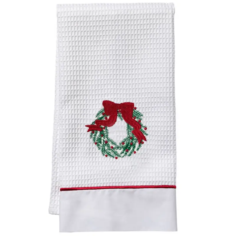 Satin-Edged Waffle-Weave Towel Featuring Red-And-Green Wreath 1