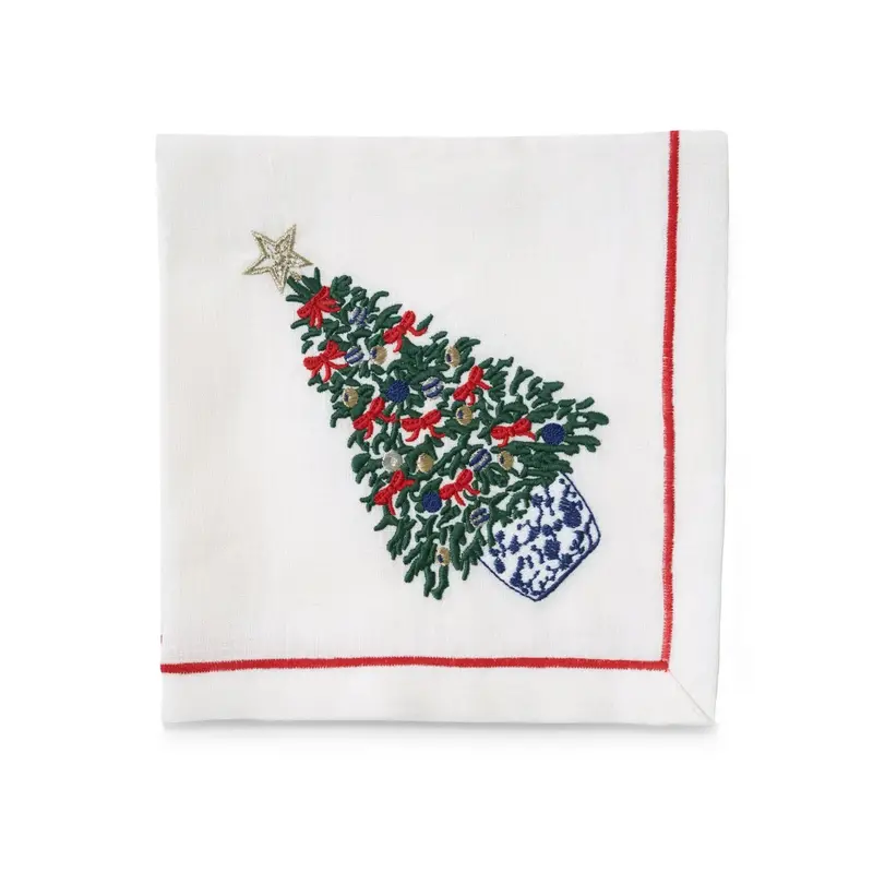 Set Of 4 Noel Christmas Tree Embroidered Linen Napkins 1