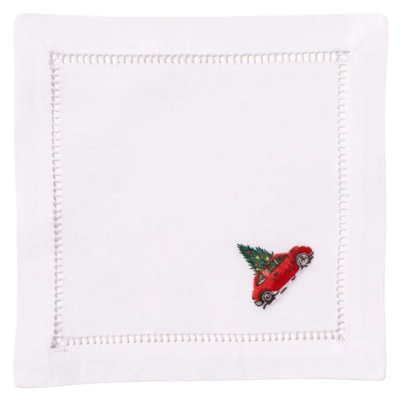 Set Of 4 White Cotton Christmas Tree Car Cocktail Napkins – Holiday Bar Set 1