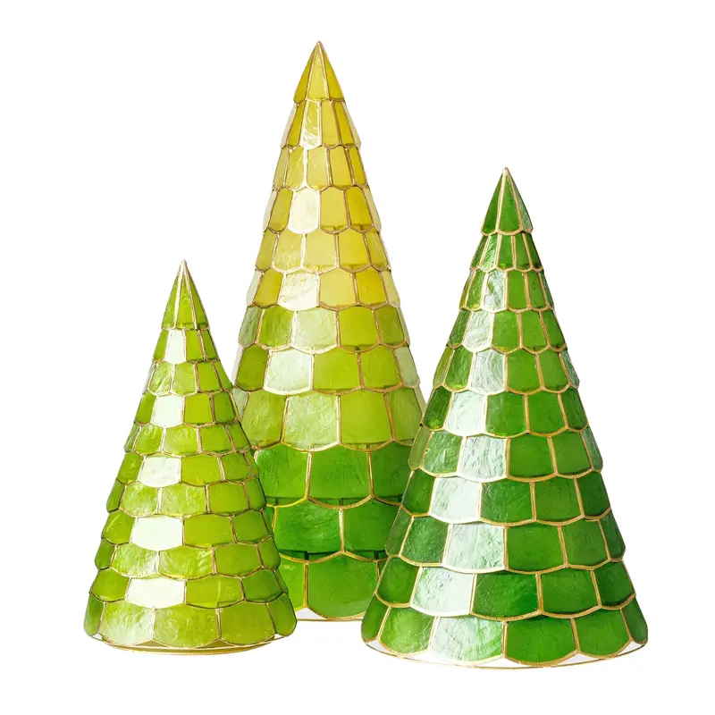Set Of Three Green Capiz Shell Decorative Christmas Trees 1
