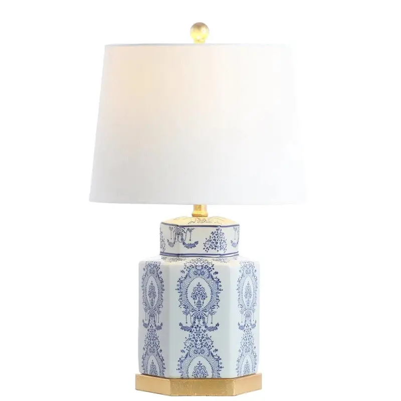 Set Of Two Blue-And-White Lapis Ceramic Table Lamps With Gold Accents 1