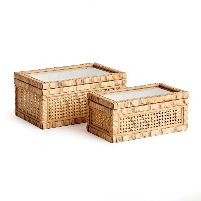 Set Of Two Decorative Cane And Rattan Storage Boxes 1