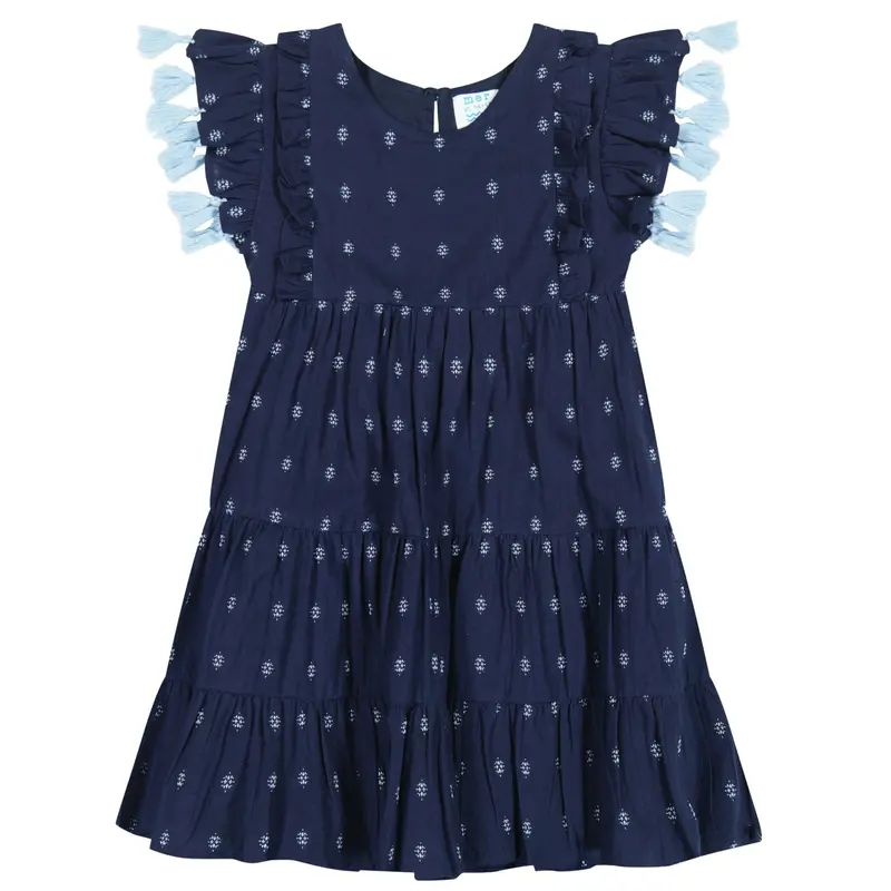 Sophie Navy-Turquoise Swiss Dot Tassel Dress – Girls’ Festive Casual Style 1