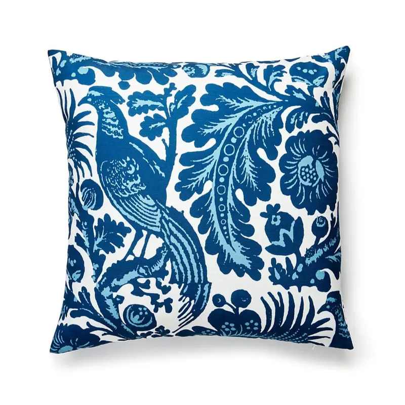 Spoleto Aviary-Inspired Blue Outdoor Throw Pillow 1