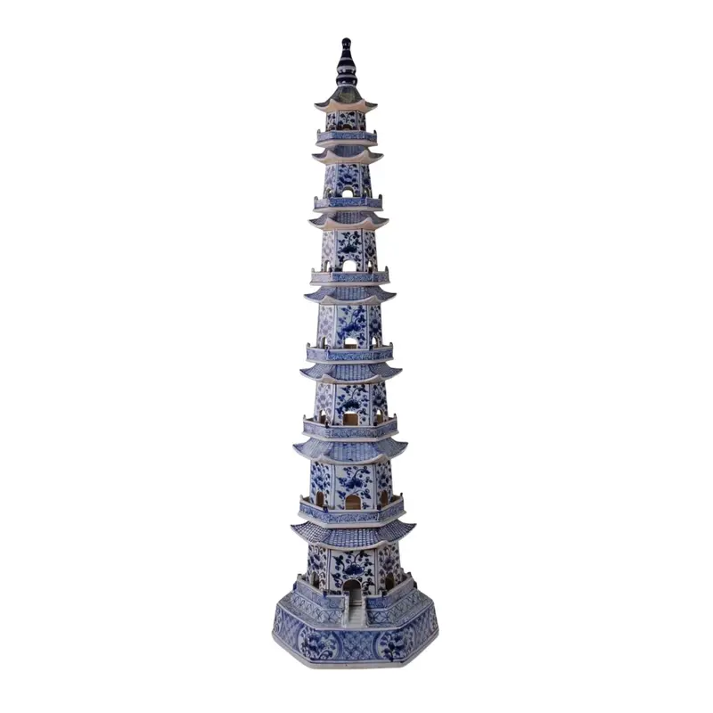 Tall Blue-And-White Porcelain Pagoda Statue With Layered Silhouette 1
