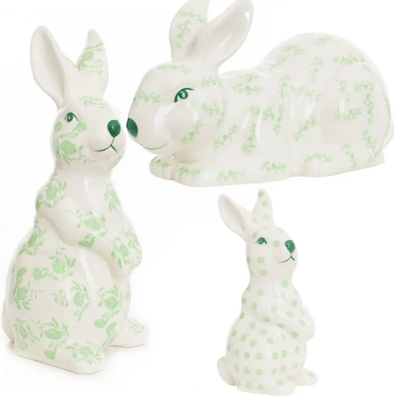 Three-Piece Bunny Figurine Set – White And Sage Green Ceramic Sculptures 1