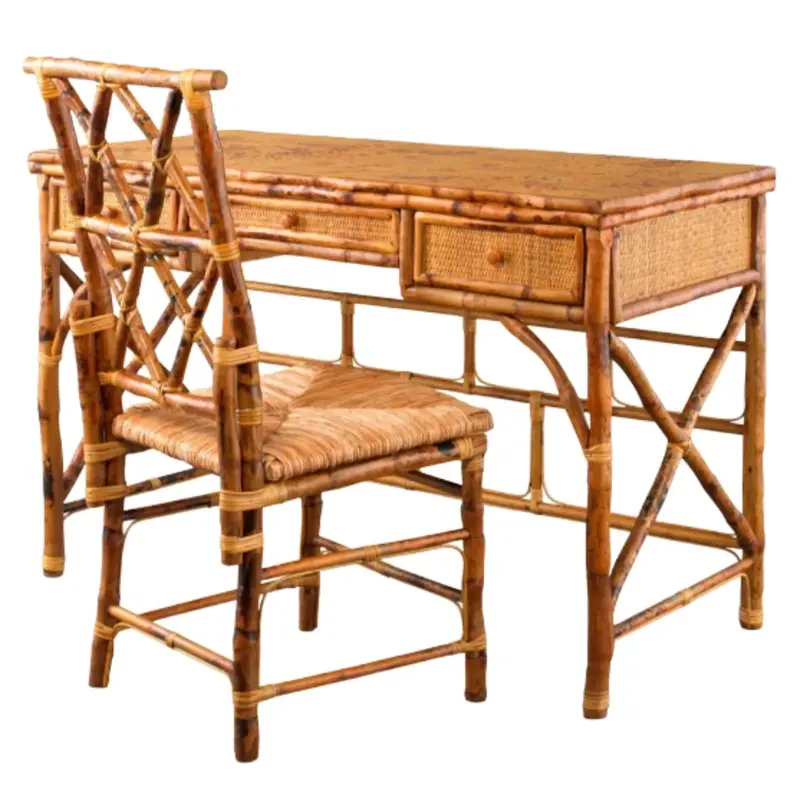 Tortoise-Finish Desk And Chair Set – Rush-Seat Seating Ensemble 1