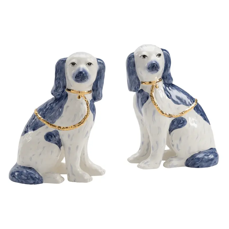 Vintage-Inspired Blue And White Staffordshire Ceramic Dog Pair 1