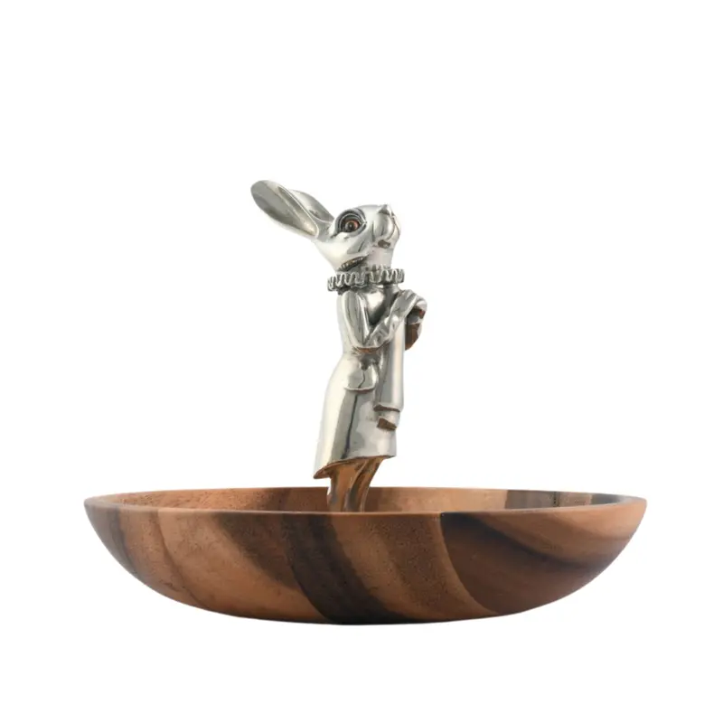 Whimsical Wooden Tidbit Bowl With Bunny Carving 1