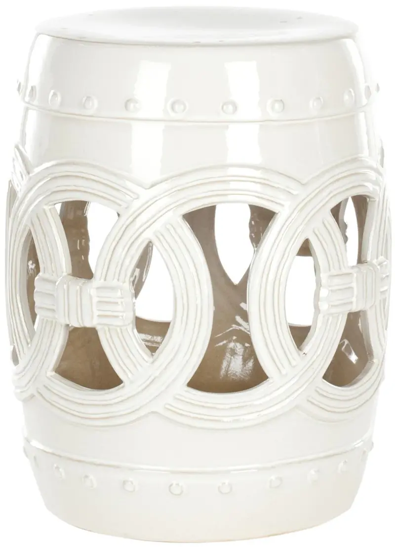 White Ceramic Garden Stool With Linked Coin Design 1