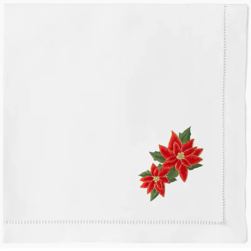 White Cotton Dinner Napkins With Poinsettia Motif 1