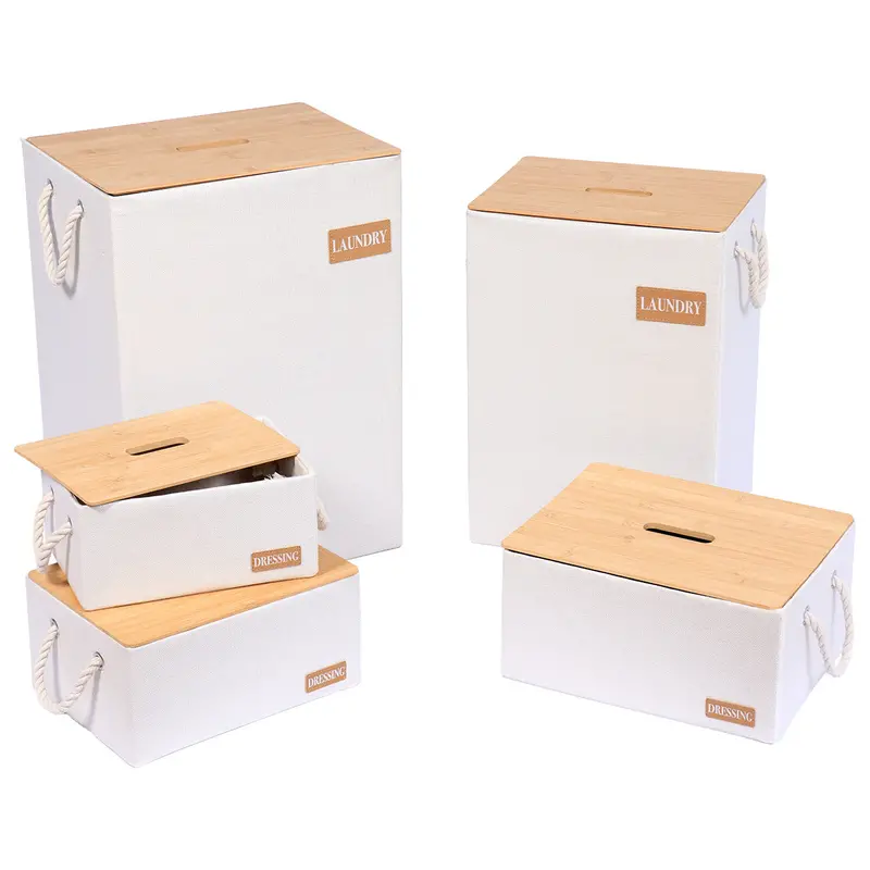 White Polyester-And-Corrugated Cardboard Baskets With Bamboo Lids 1
