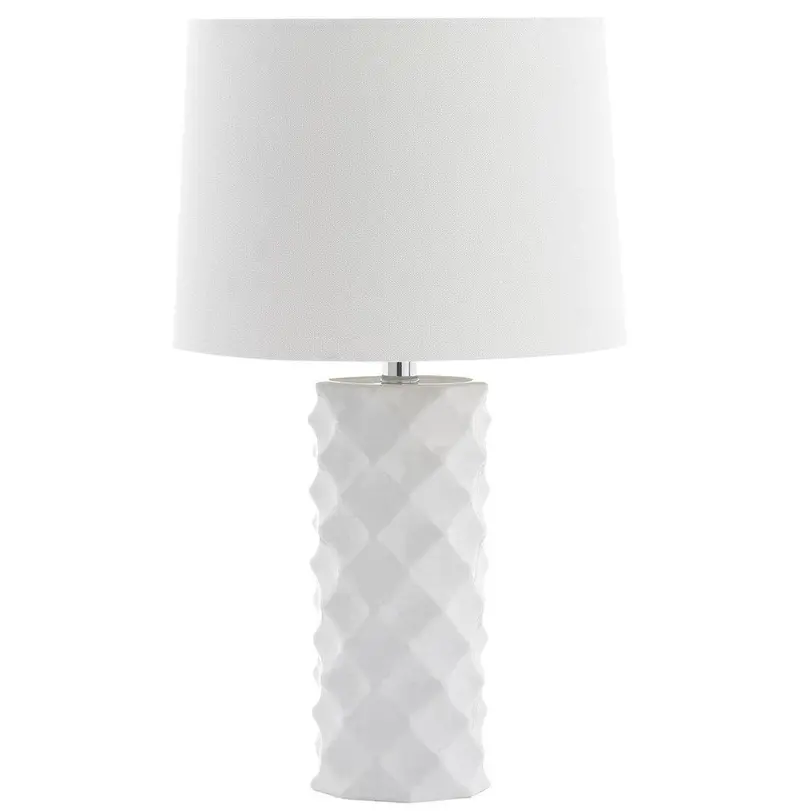 White Sculptural Ceramic Table Lamp With Natural Cotton Drum Shade 1