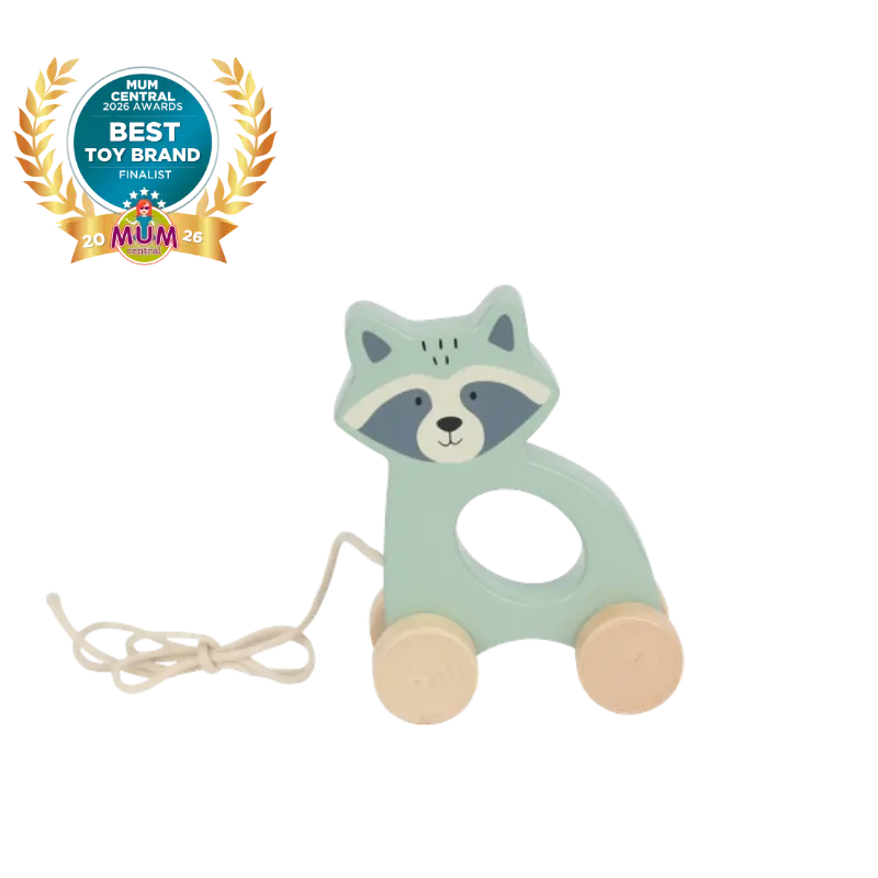 Wooden Raccoon Pull-Along Toy With Rolling Wheels 1