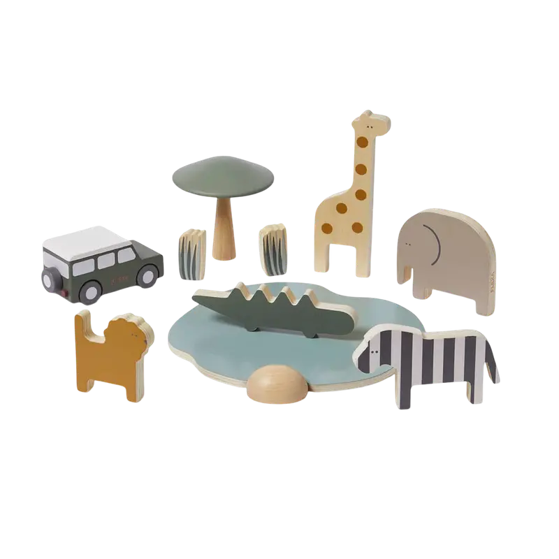 Wooden Safari Animal Set With Toy Jeep Playset 1
